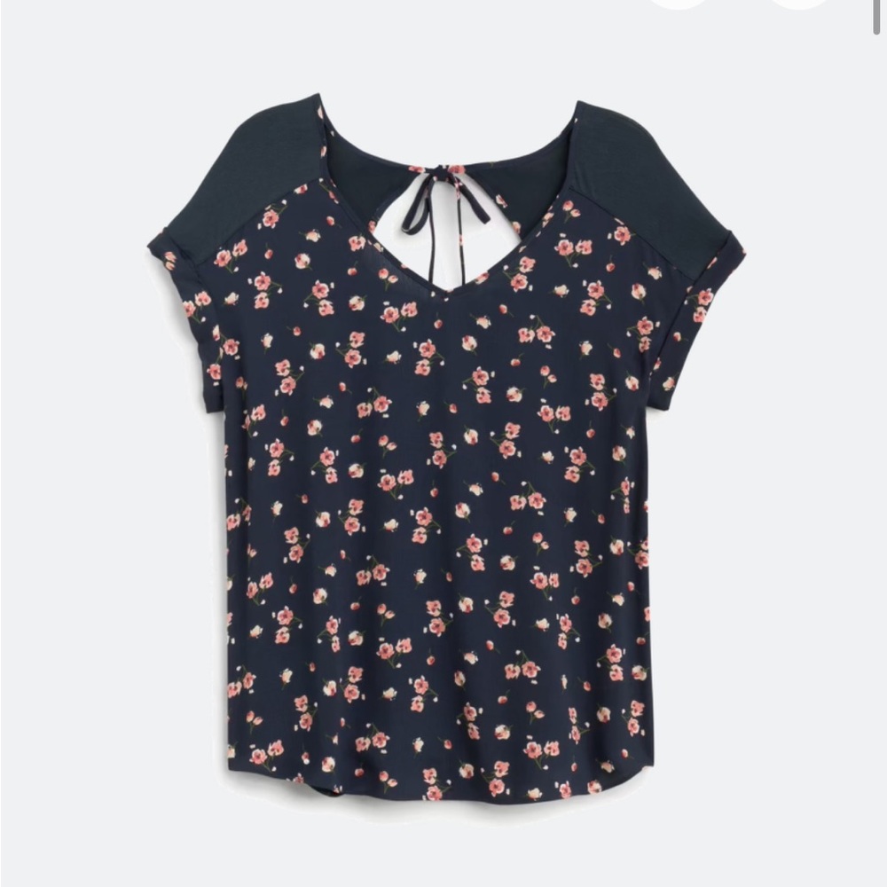 Navy Floral Blouse with Keyhole Back
